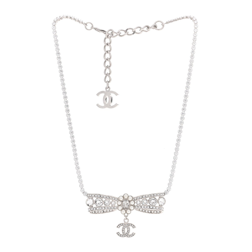 Crystal Pearl CC Bow Drop Necklace Silver