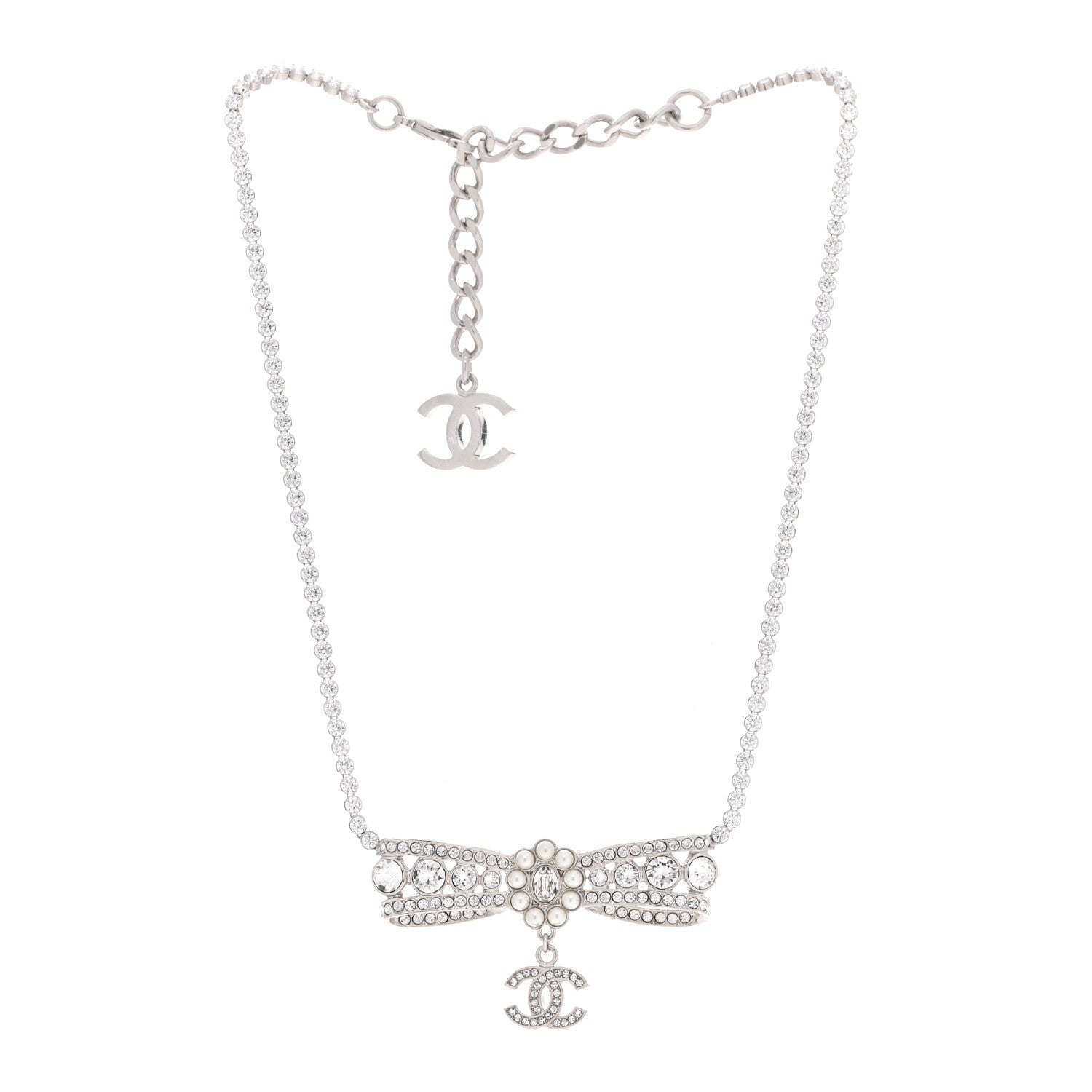 Crystal Pearl CC Bow Drop Necklace Silver