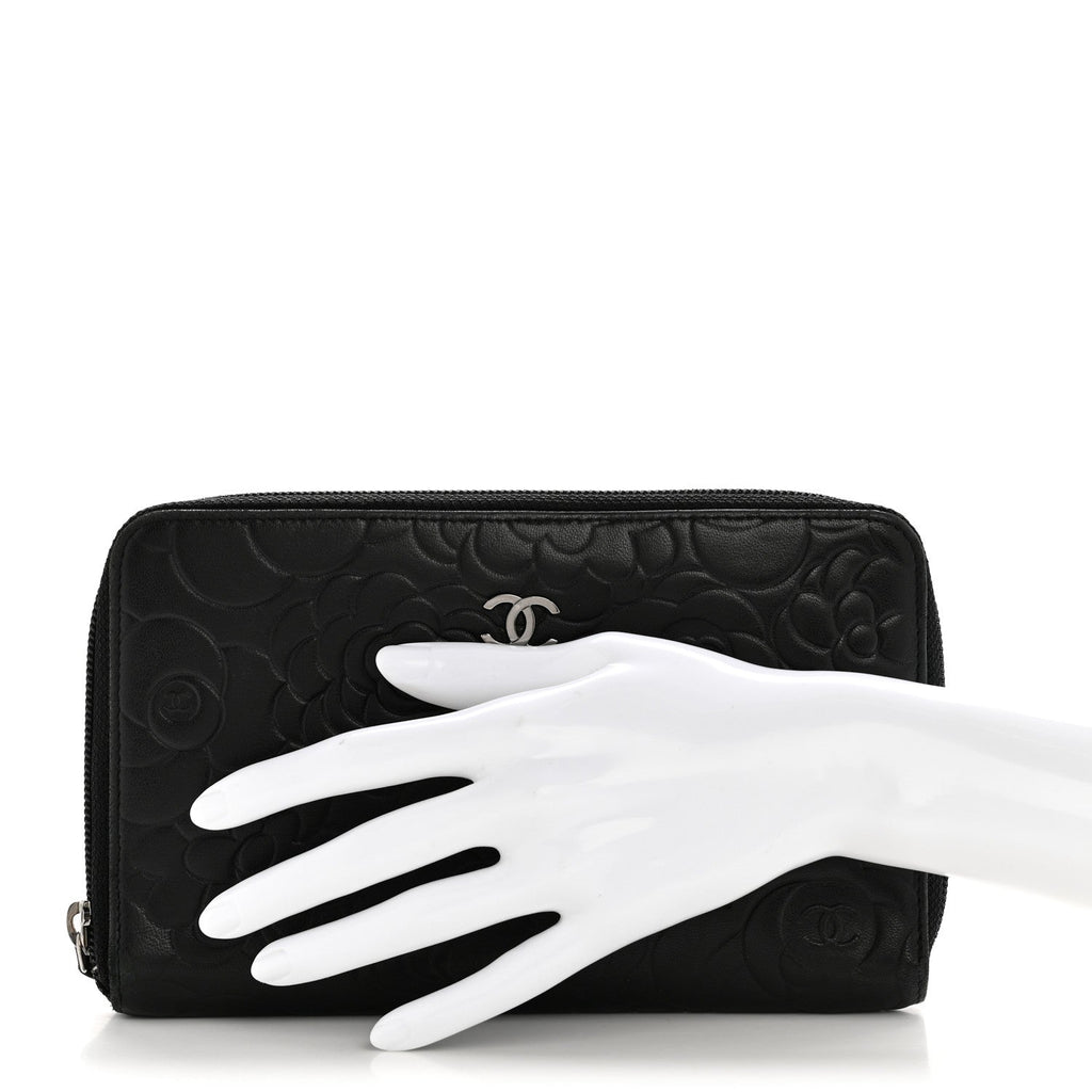 Lambskin Camellia Embossed Zip Around Organizer Wallet Black