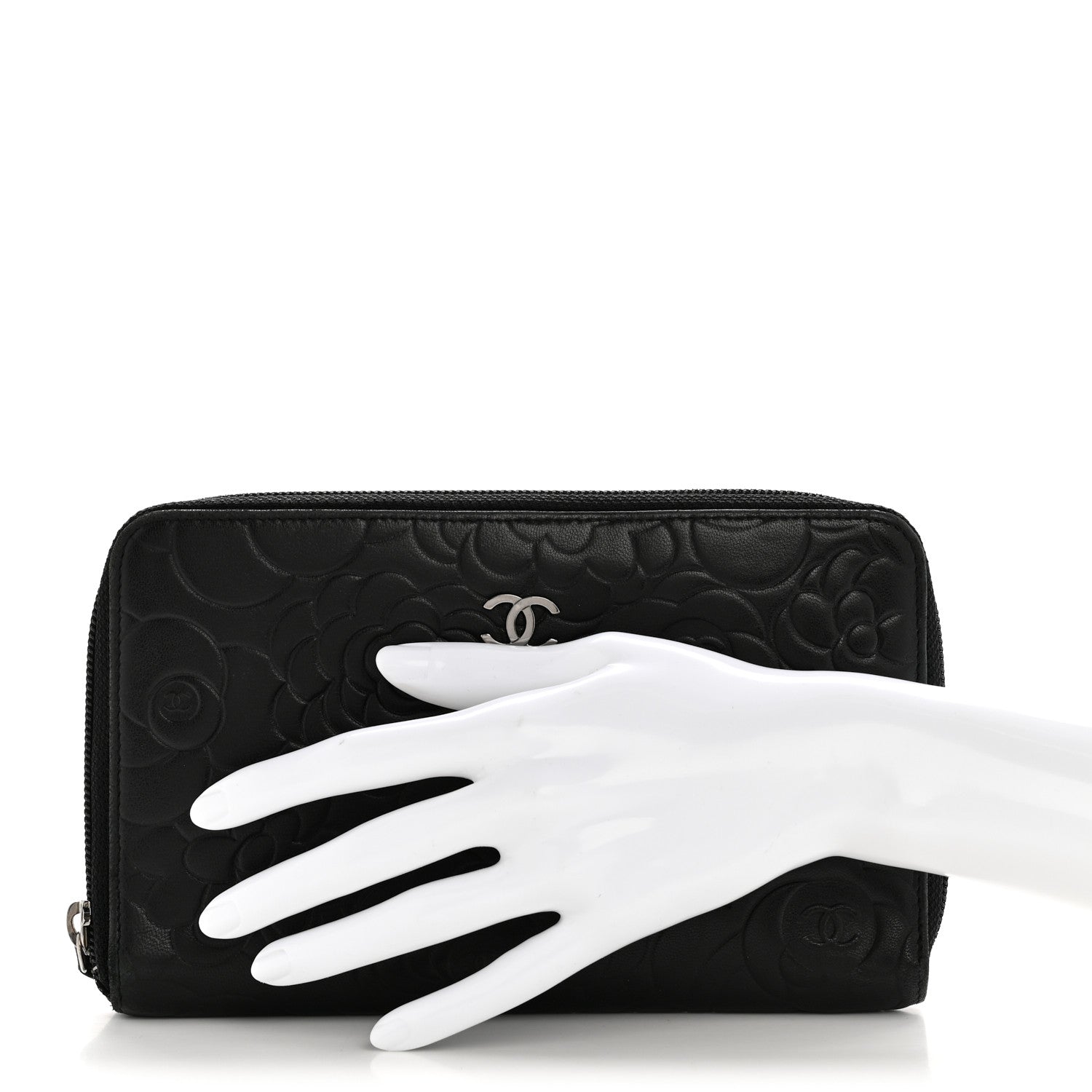 Lambskin Camellia Embossed Zip Around Organizer Wallet Black