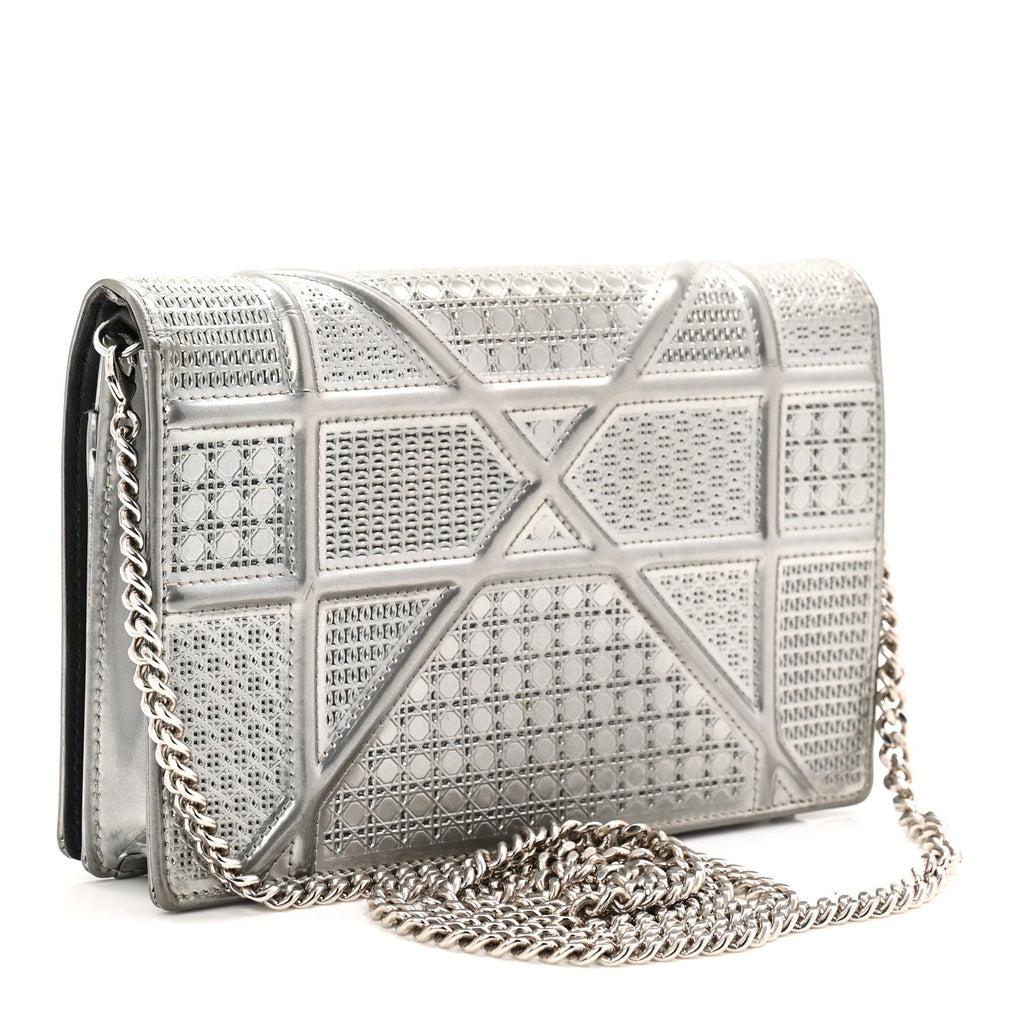 Christian Dior Metallic Patent Micro-Cannage Diorama Wallet on Chain Pouch Silver