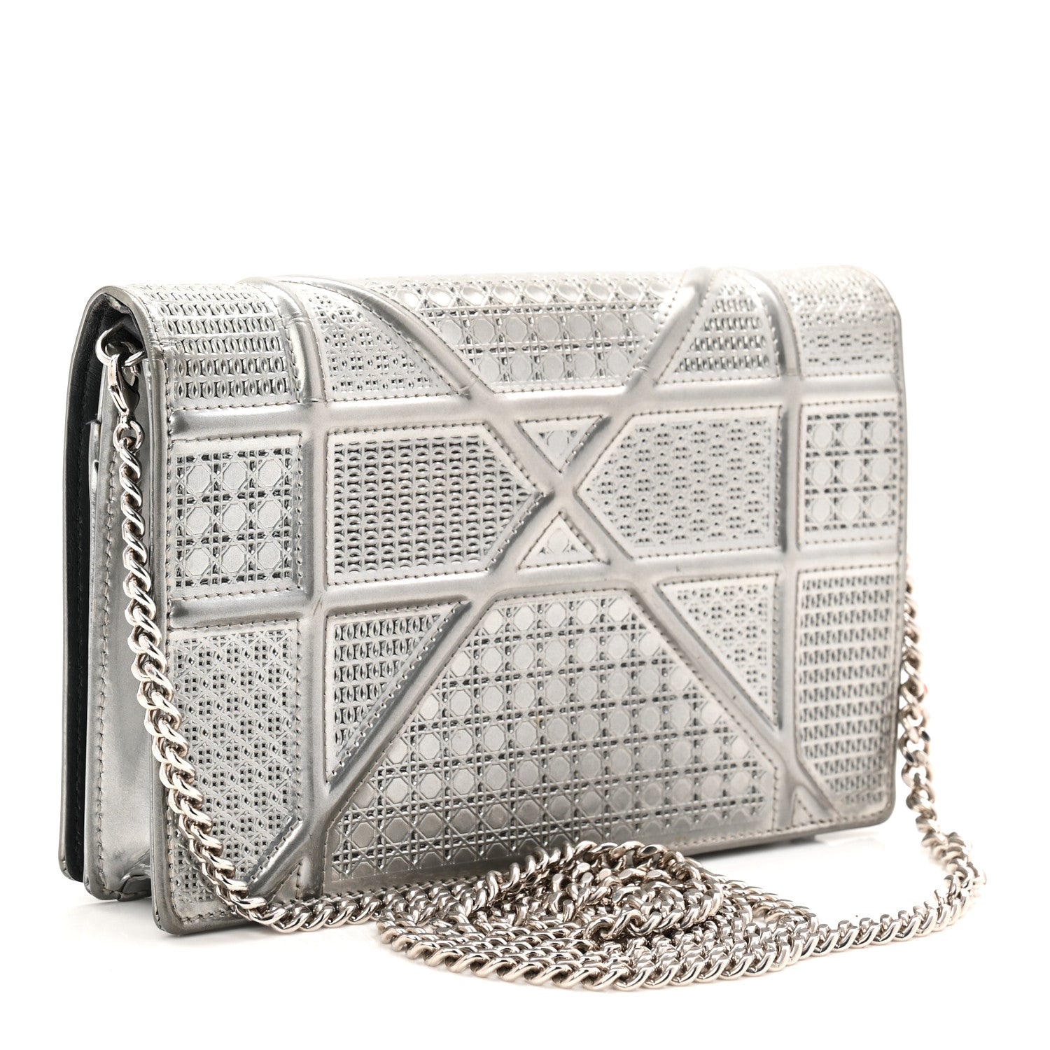 Christian Dior Metallic Patent Micro-Cannage Diorama Wallet on Chain Pouch Silver