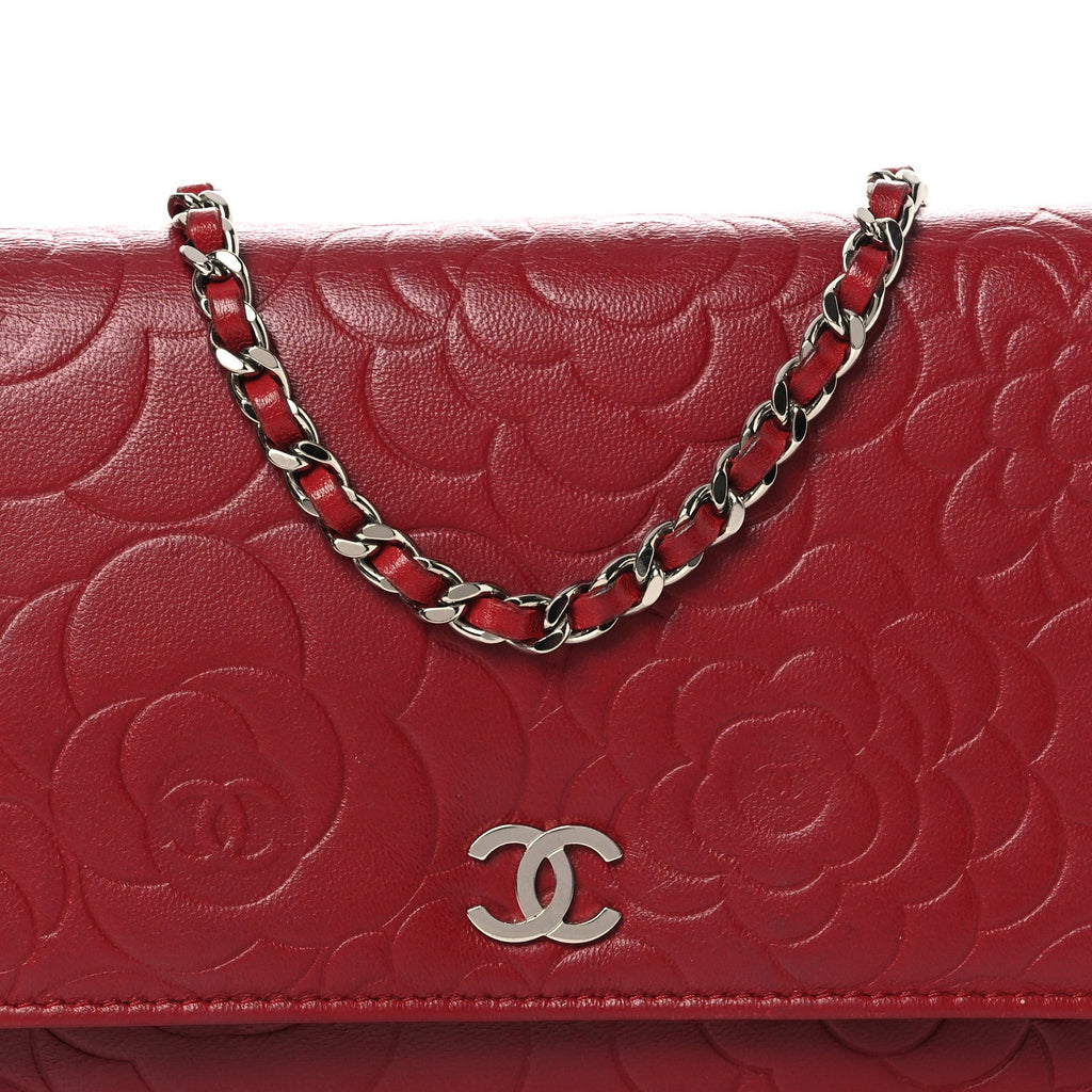Chanel Lambskin Camellia Embossed Wallet on Chain WOC Red
