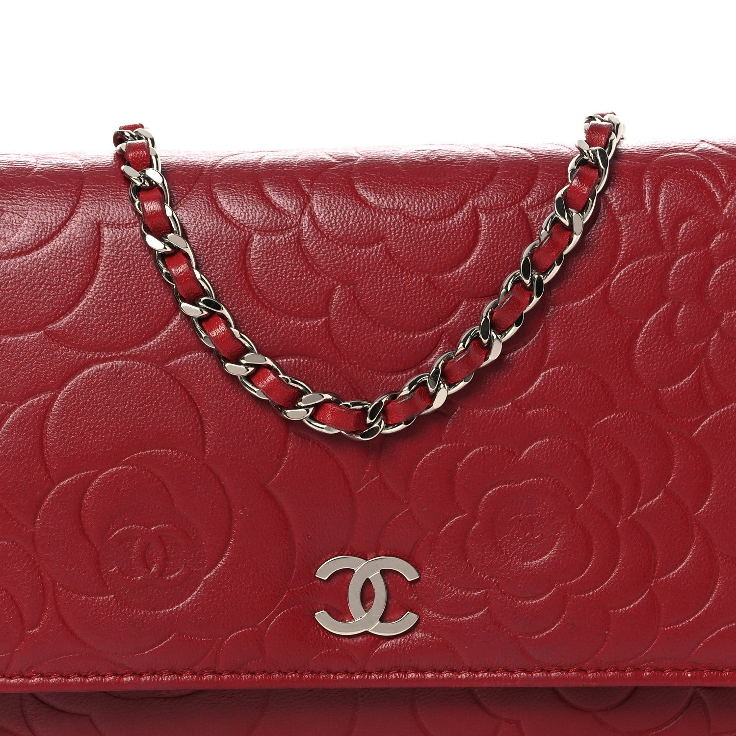 Chanel Lambskin Camellia Embossed Wallet on Chain WOC Red