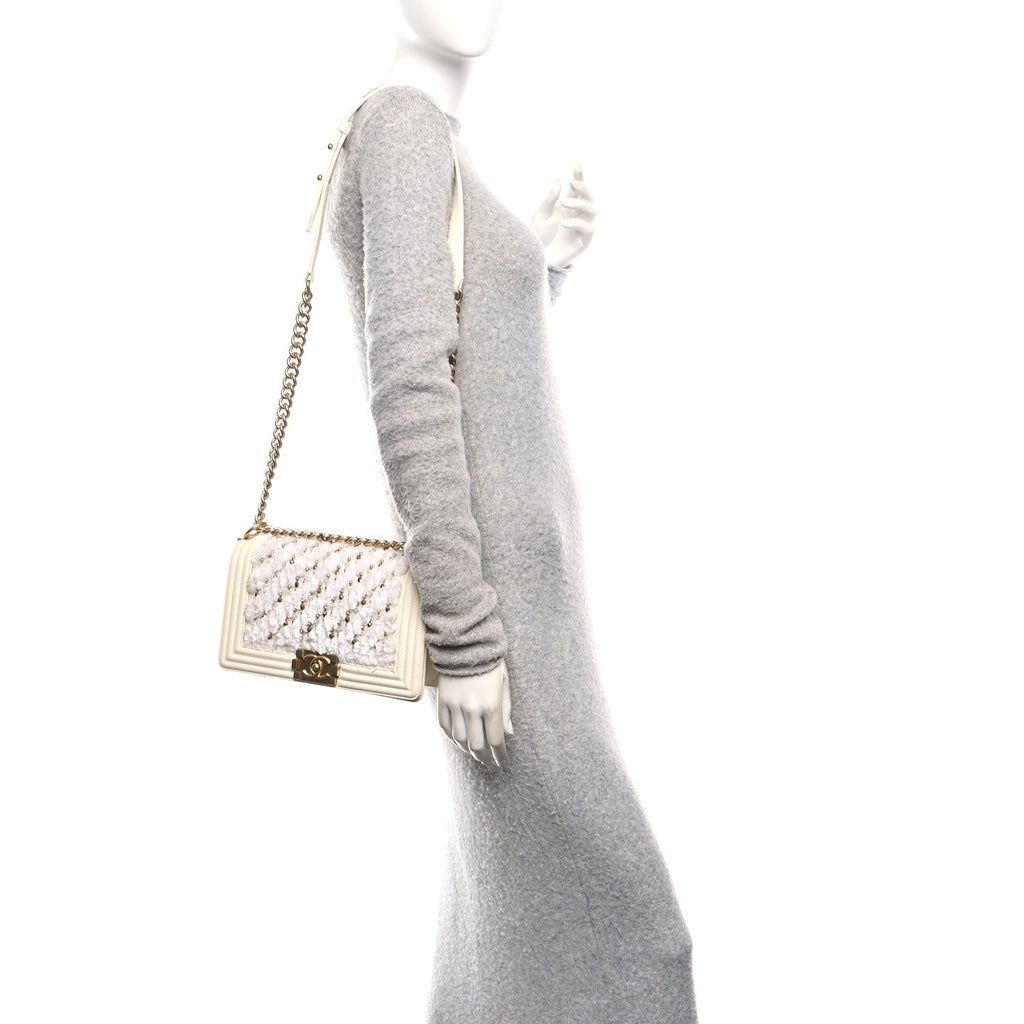 Chanel Lambskin Tulle Embroidered Medium Boy Flap White