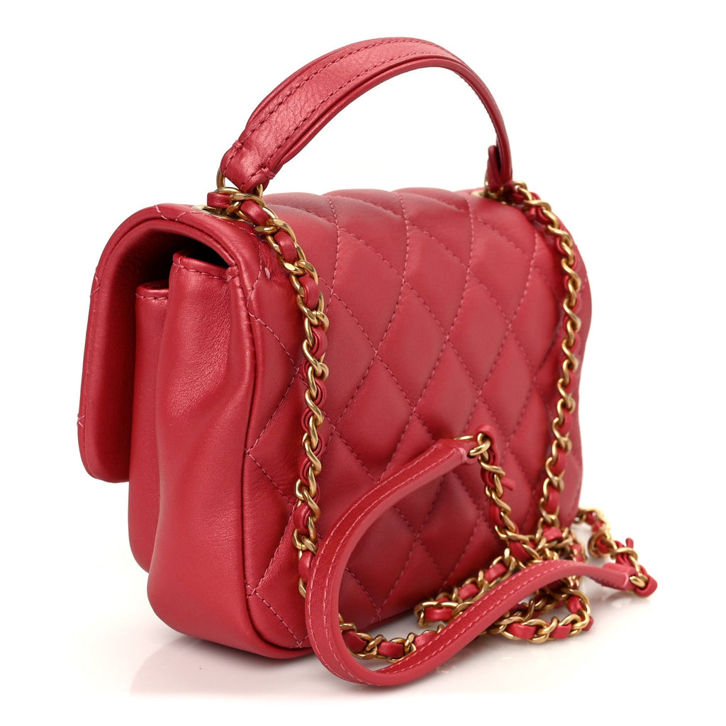 Chanel Metallic Calfskin Quilted Top Handle Flap Dark Pink