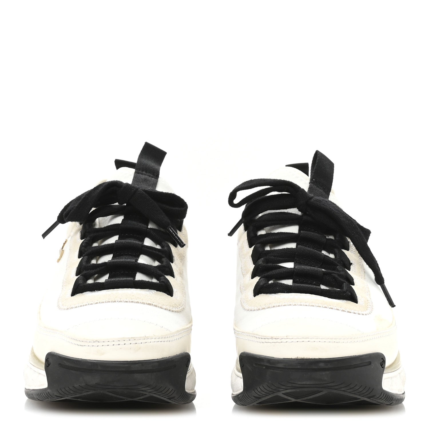Chanel Velvet Calfskin Mixed Fibers CC Sneakers 38 Ivory Black
