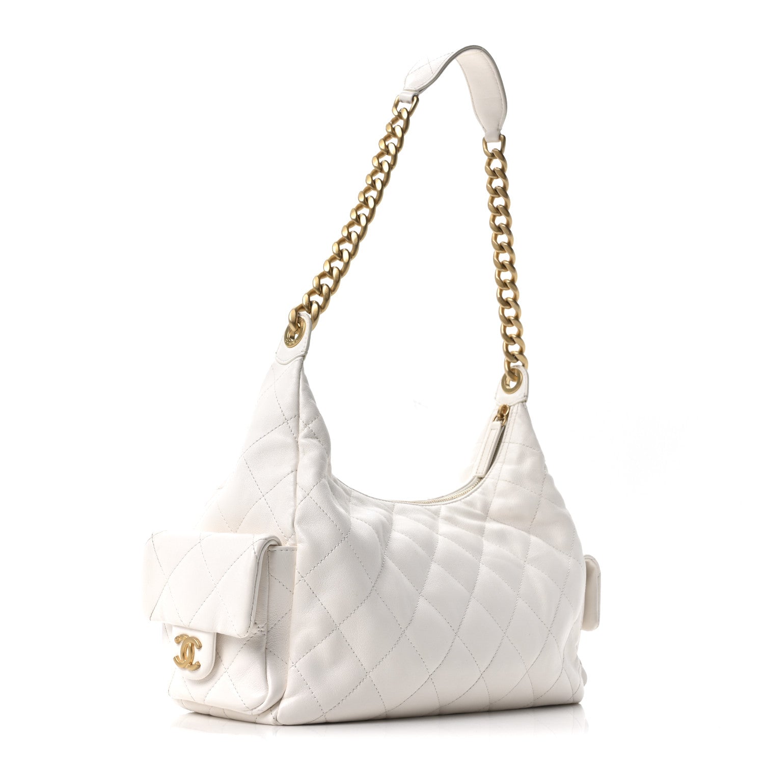 Chanel Shiny Lambskin Quilted Trendy Pockets Hobo White