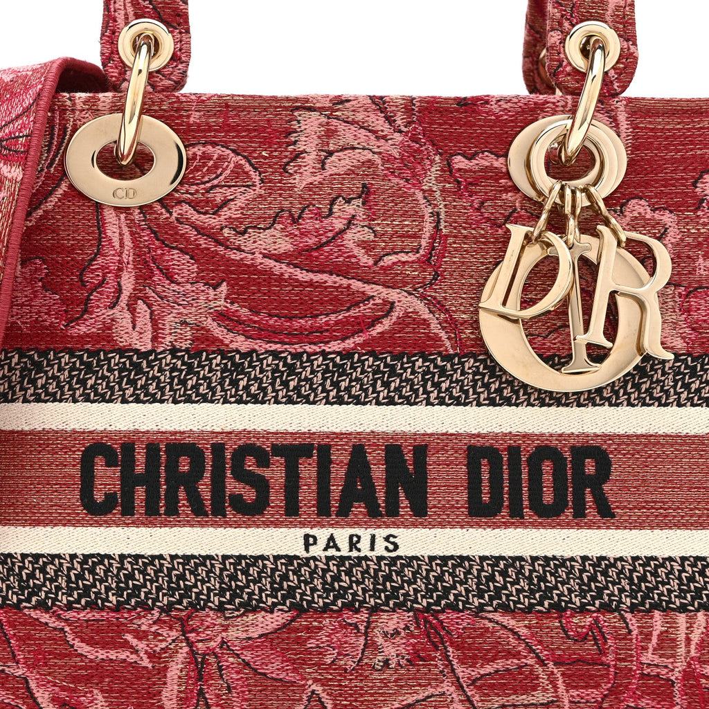 Christian Dior Metallic Canvas Embroidered Brocart Medium Lady D-Lite Pink