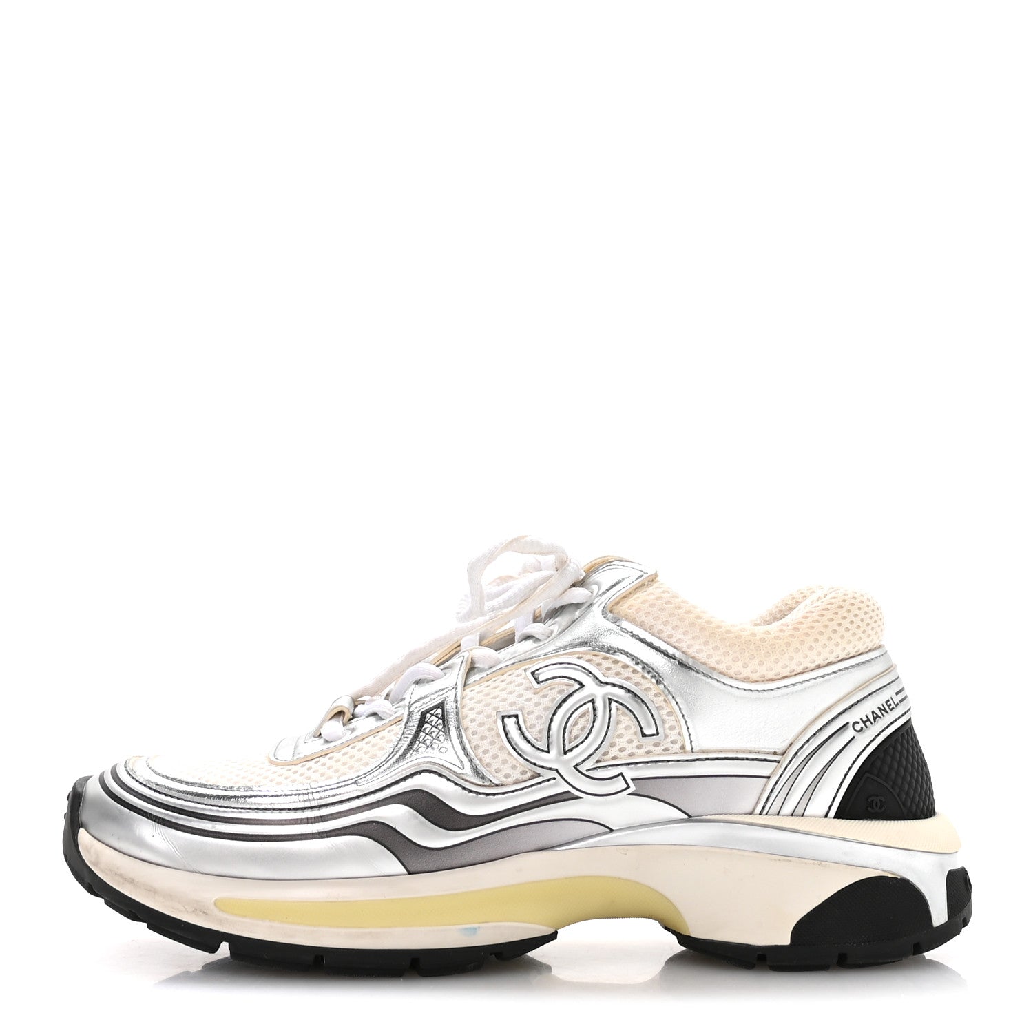 Fabric Laminated Calfskin Stretch CC Sneakers 38.5 White Silver