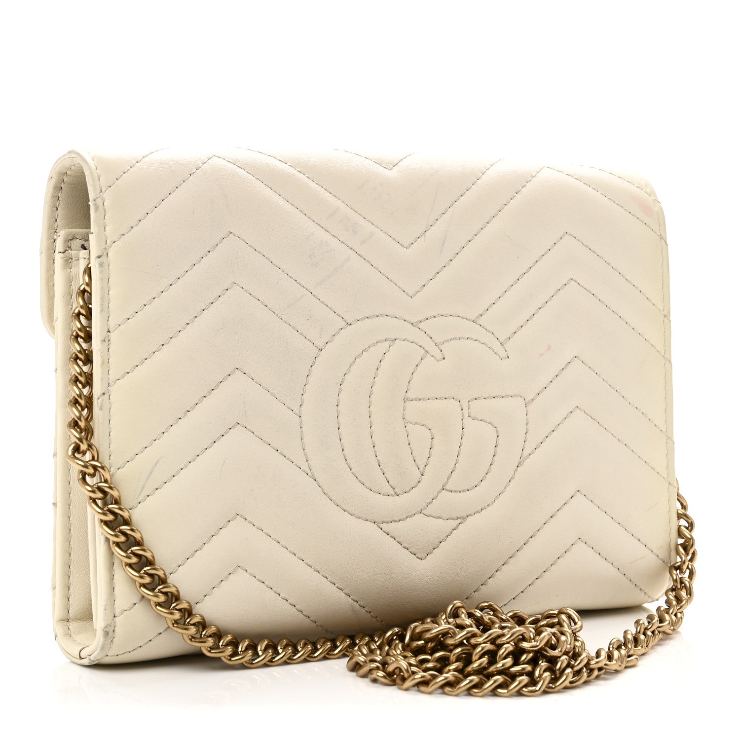 Gucci Calfskin Matelasse GG Marmont Chain Wallet Mystic White