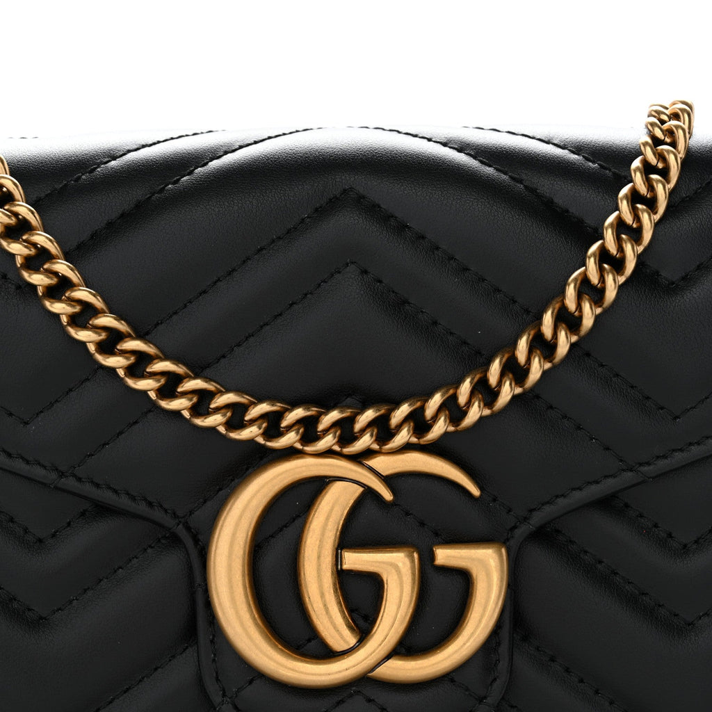 Gucci Calfskin Matelasse GG Marmont Chain Wallet Black