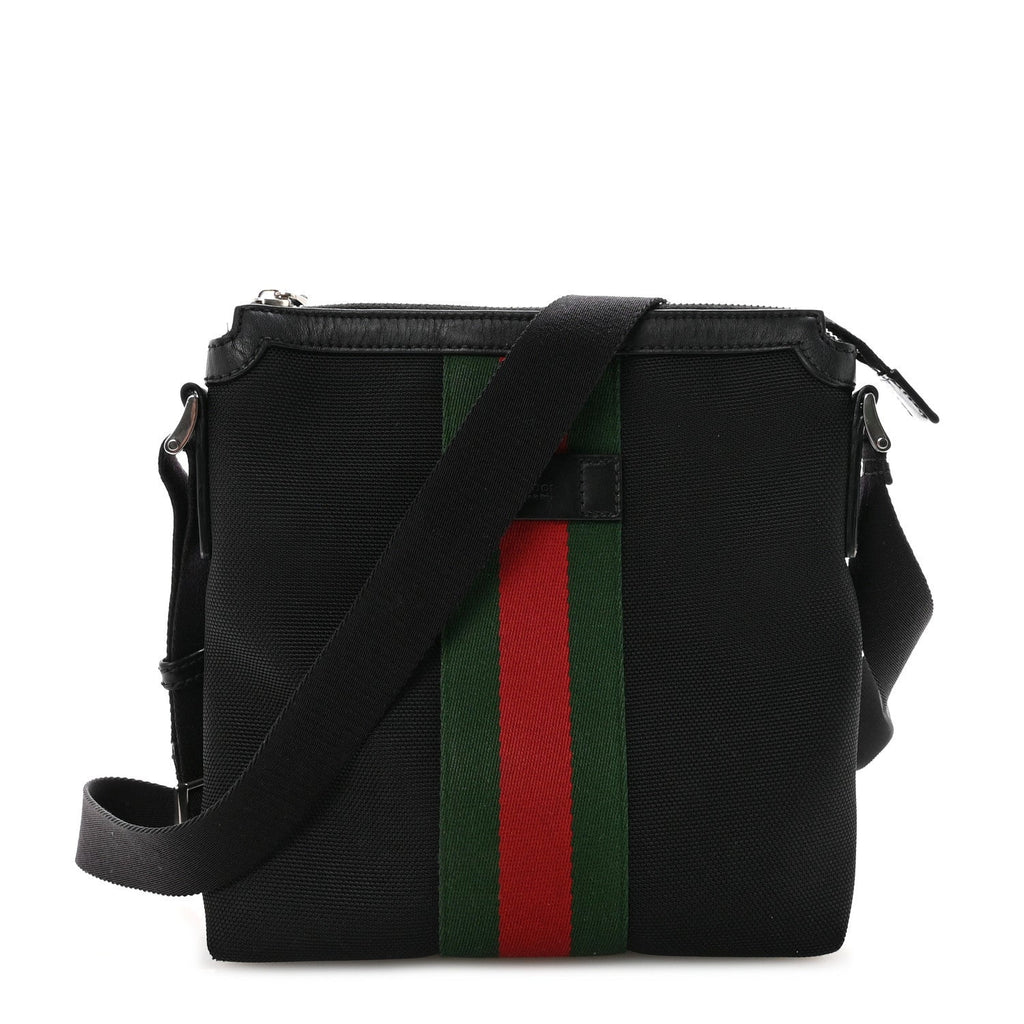 Gucci Techno Canvas Selleria Calfskin Web Small Flat Messenger Bag Black