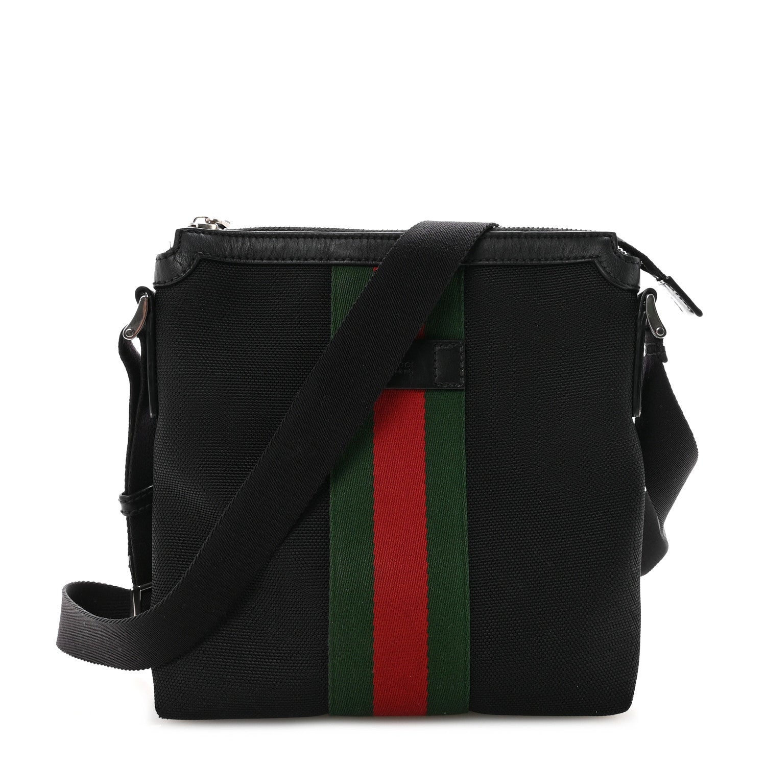 Gucci Techno Canvas Selleria Calfskin Web Small Flat Messenger Bag Black