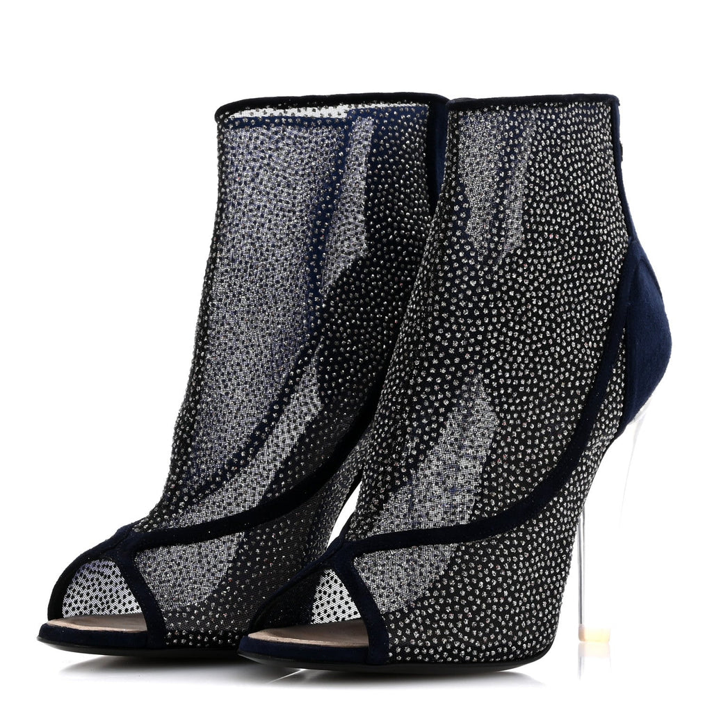 Mesh Crystal Open Toe Ankle Boots 40 Navy
