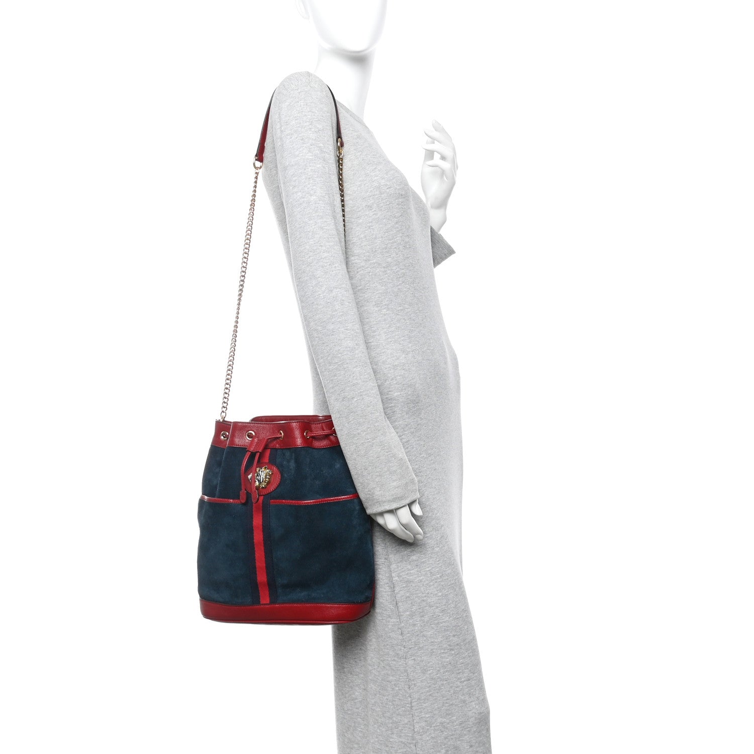 Gucci Suede Calfskin Web Medium Rajah Bucket Bag New Blue Romantic Cherry