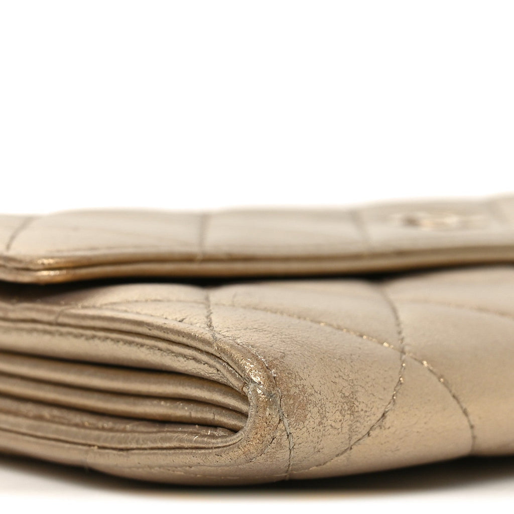 Metallic Lambskin Quilted Large Gusset Flap Wallet Gold