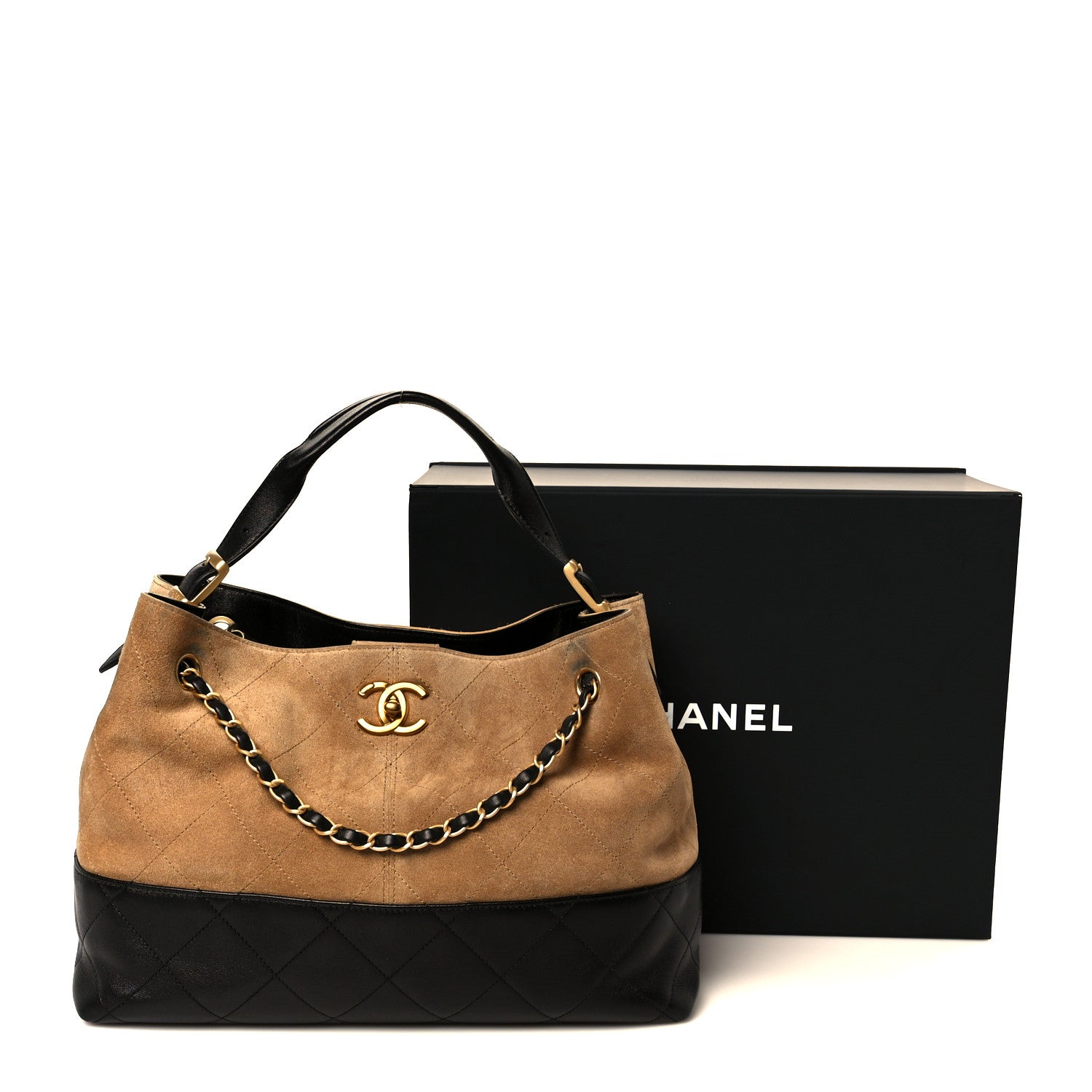 Chanel Suede Calfskin Shiny Lambskin Quilted Small Coco Base Shopping Bag Beige Black