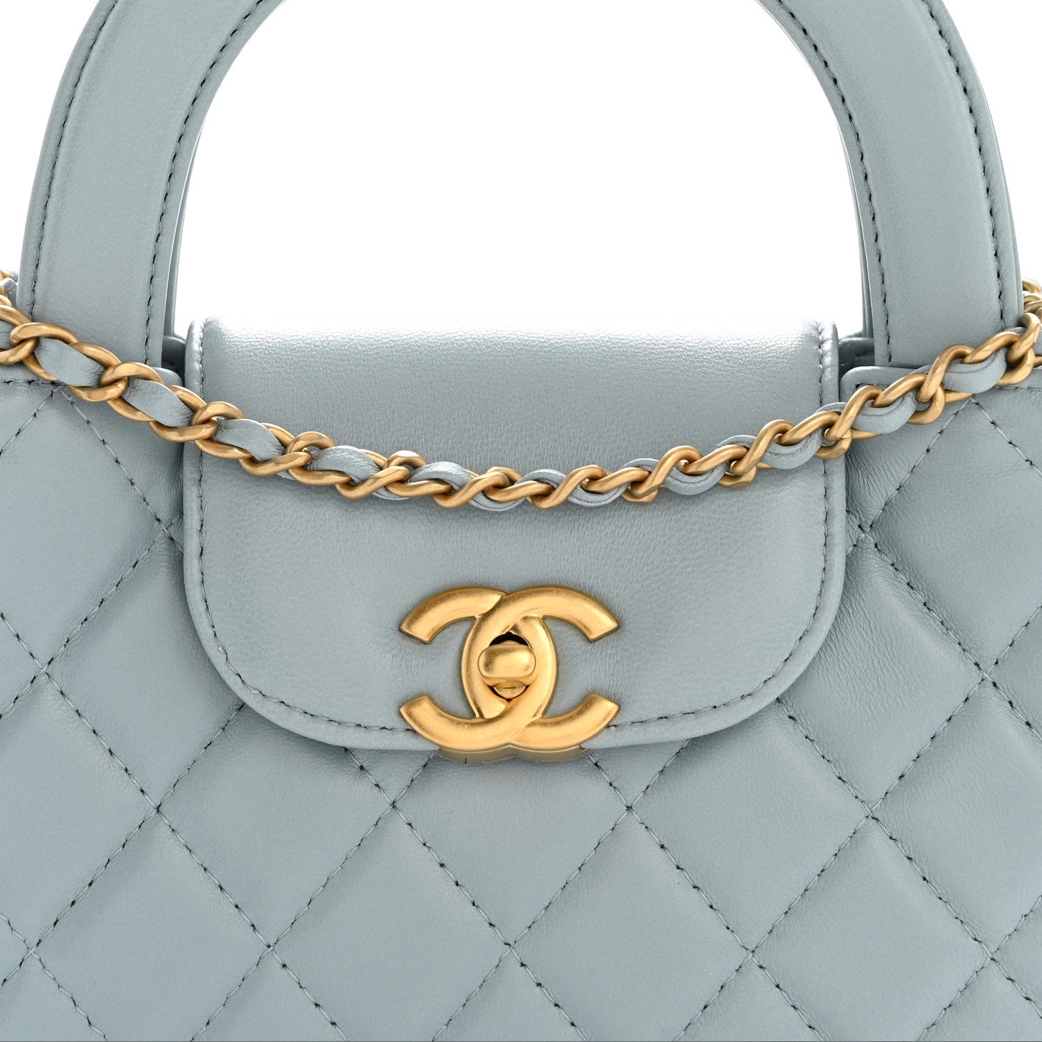 Chanel Shiny Aged Calfskin Quilted Nano Kelly Shopper Light Blue
