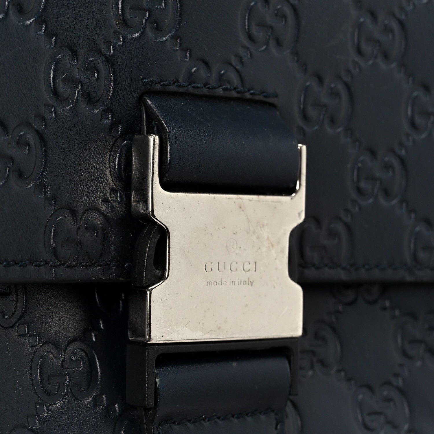Gucci Guccissima Signature Single Buckle Flap Messenger Bag Navy