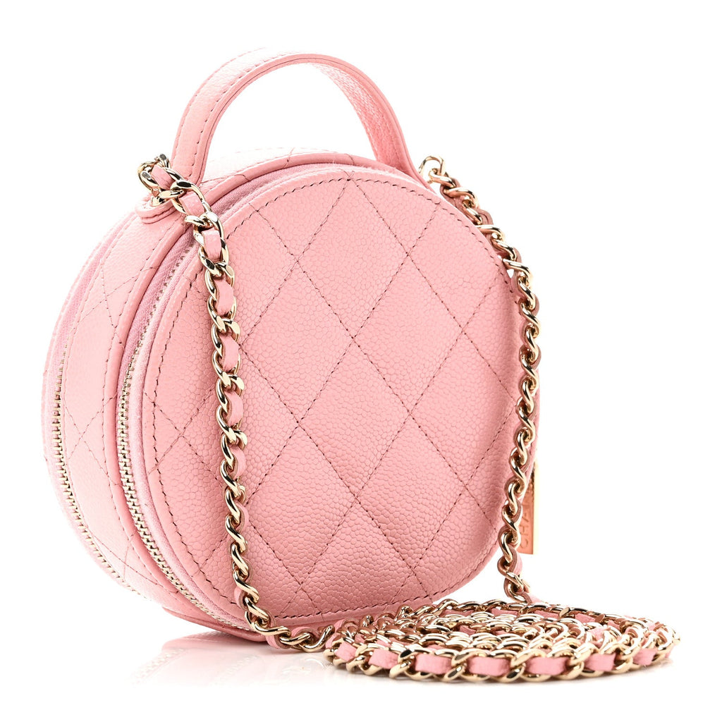 Chanel Caviar Quilted Round Handle With Care Vanity With Chain Pink