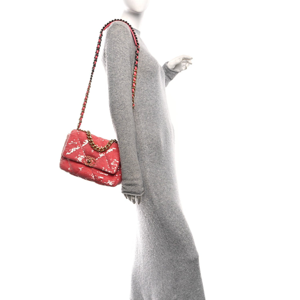 Chanel Sequin Quilted Medium Chanel 19 Flap Coral