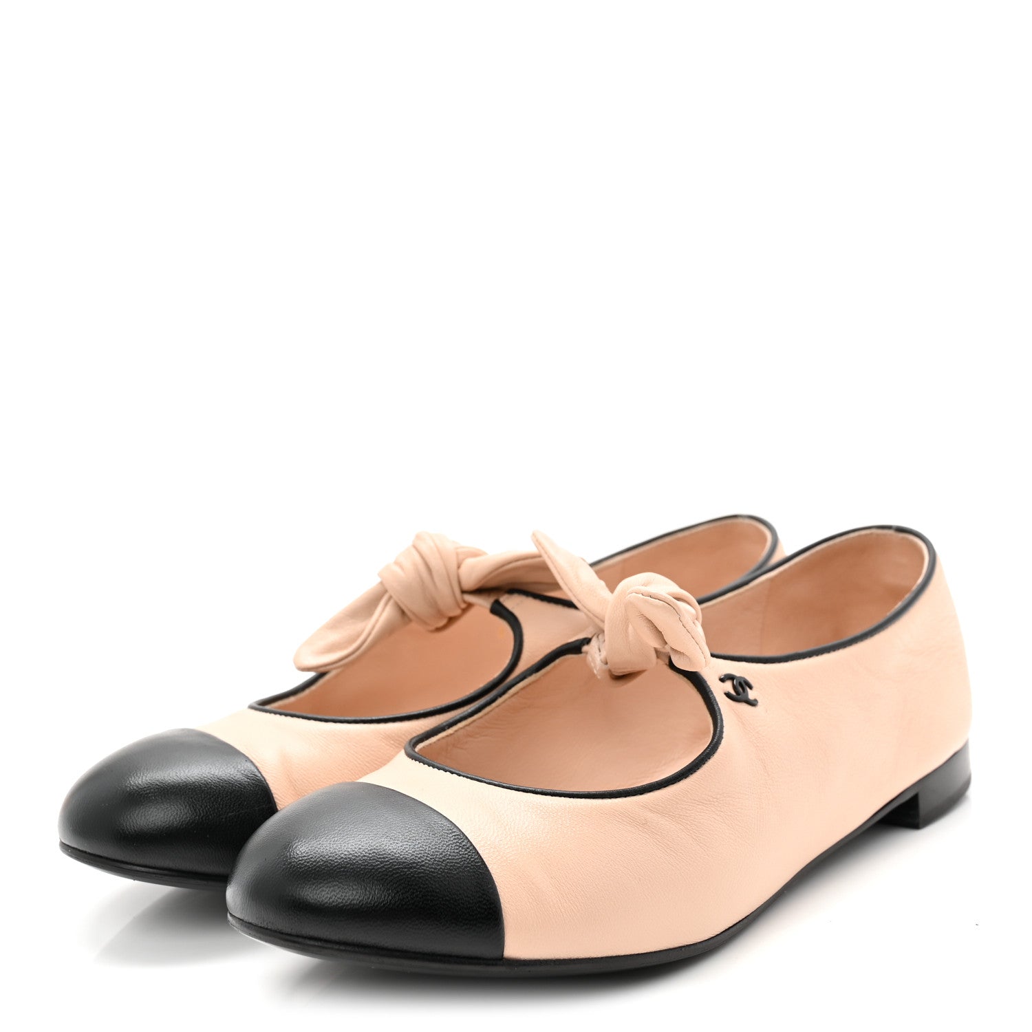 Lambskin Bow Mary Jane Flats 37 Beige Black