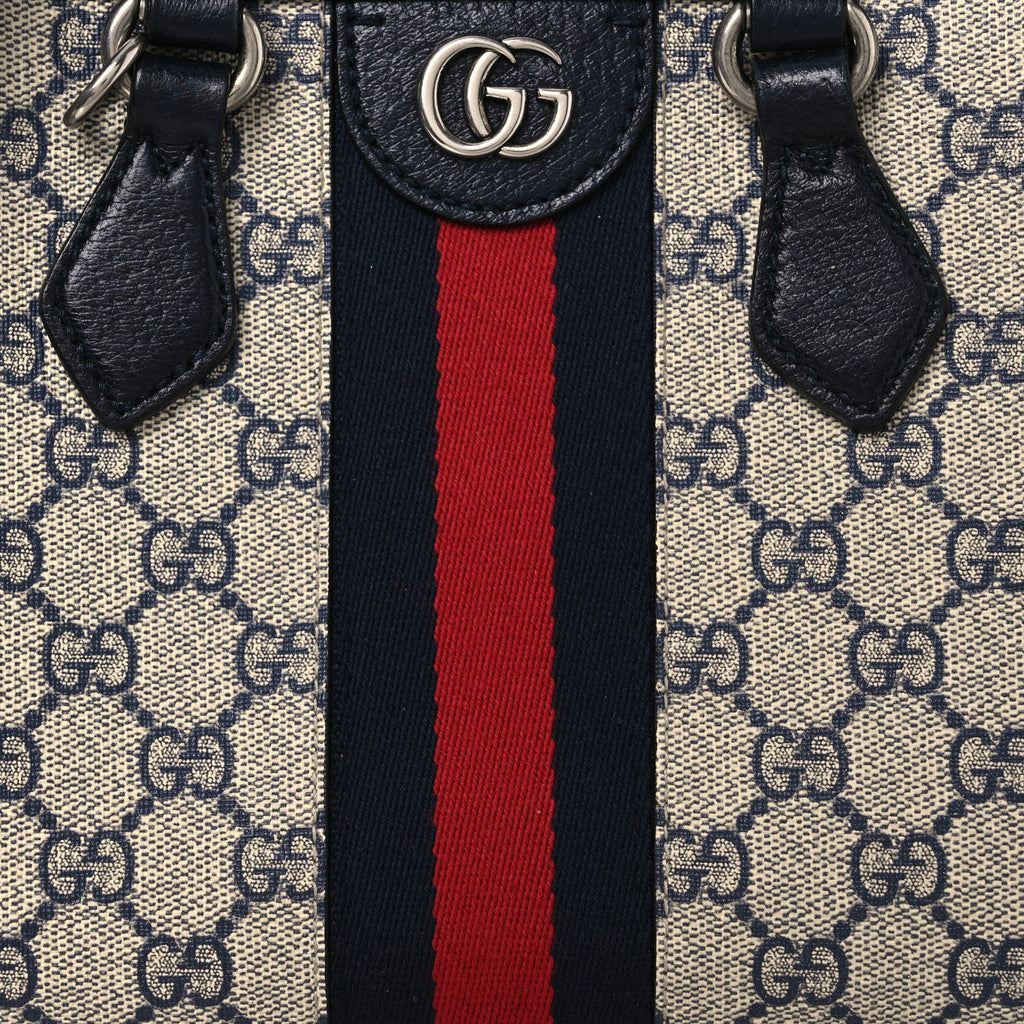 Gucci GG Supreme Monogram Textured Dollar Calfskin Web Small Ophidia Tote Bag Beige Blue
