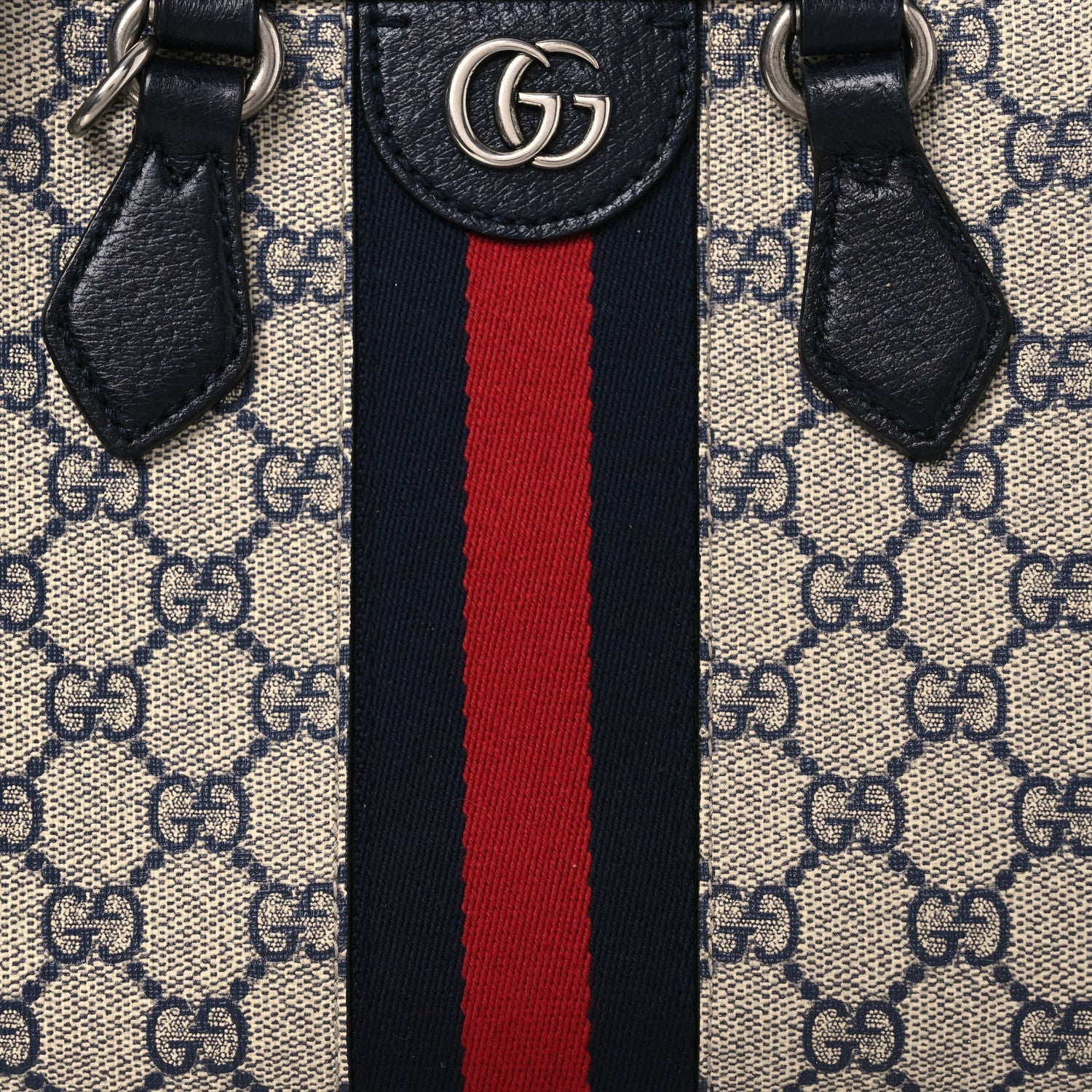 Gucci GG Supreme Monogram Textured Dollar Calfskin Web Small Ophidia Tote Bag Beige Blue