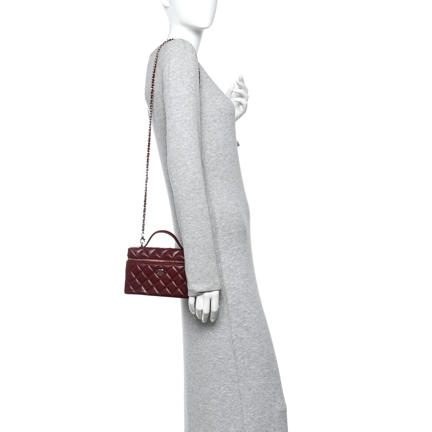 Caviar Quilted Top Handle Slim Vanity With Chain Burgundy