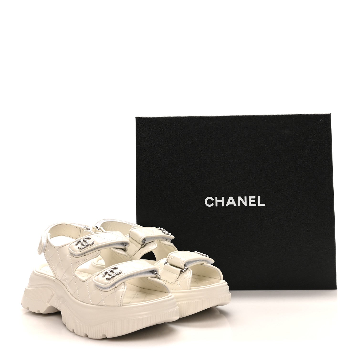 Chanel Shiny Calfskin Chain CC Velcro Dad Platform Sandals 39.5 White