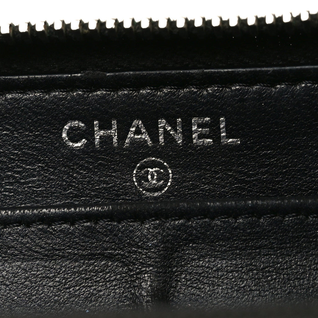 Lambskin Camellia Embossed Large Zip Around Gusset Wallet Black White