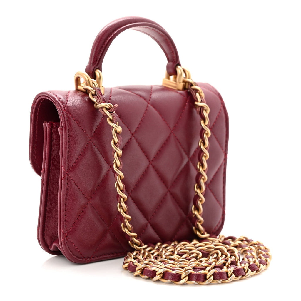 Chanel Lambskin Quilted Top Handle Flap Coin Purse With Chain Burgundy