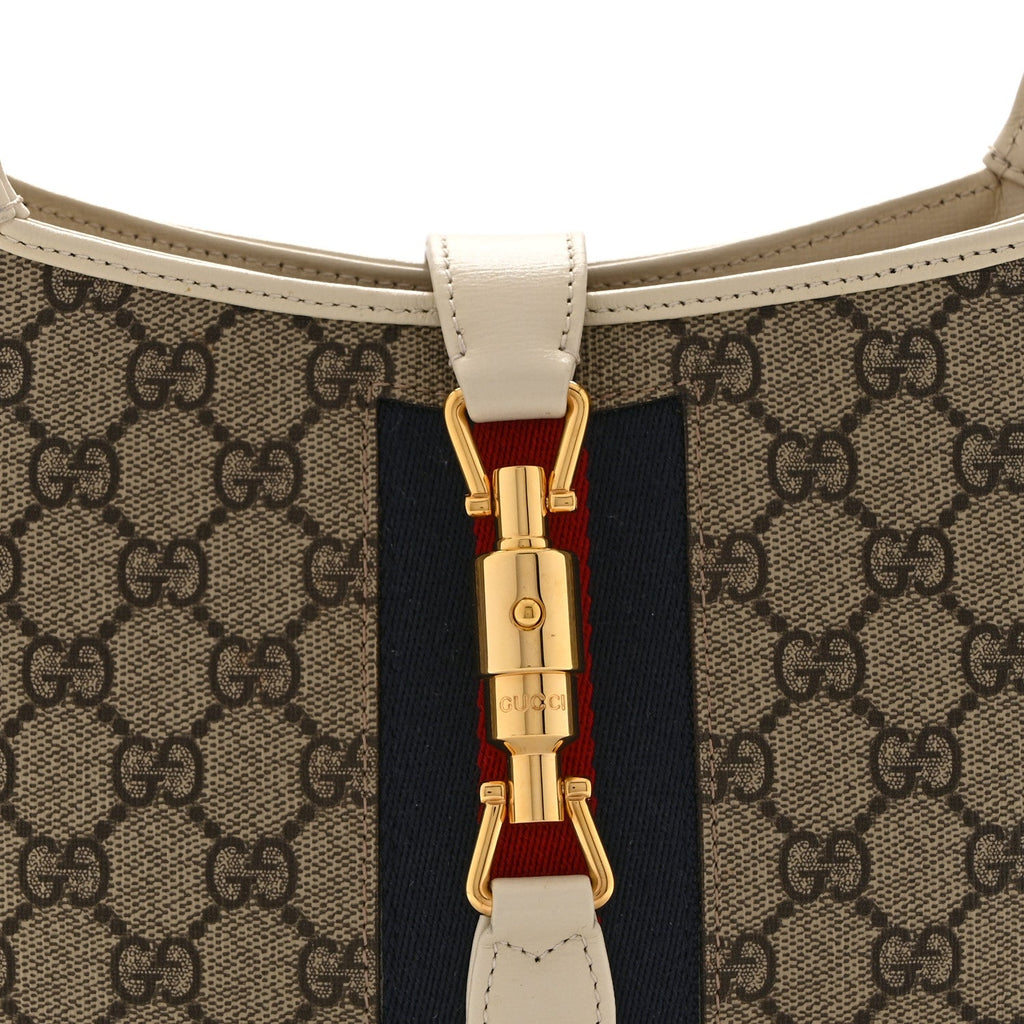 Gucci GG Supreme Monogram Azalea Calfskin Web Small Jackie 1961 Hobo Beige Ebony Mystic White