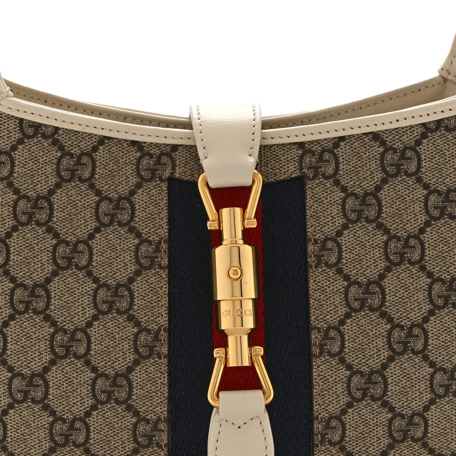 Gucci GG Supreme Monogram Azalea Calfskin Web Small Jackie 1961 Hobo Beige Ebony Mystic White