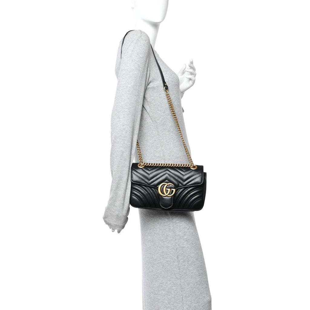 Gucci Calfskin Matelasse Small GG Marmont Shoulder Bag Black