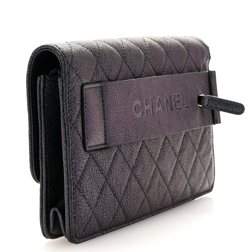Iridescent Caviar Quilted Classic Pouch Clutch Black