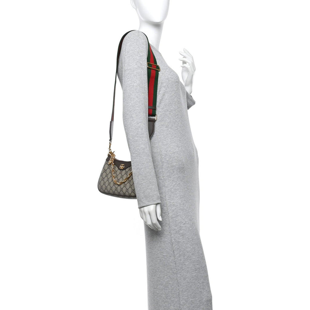 Gucci GG Supreme Monogram Textured Dollar Calfskin Web Small Ophidia GG Handbag Beige Ebony New Acero
