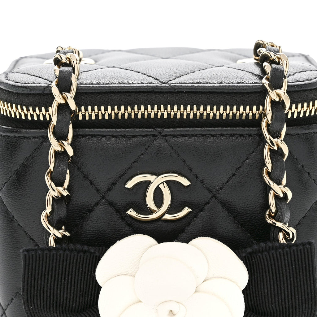 Chanel Lambskin Quilted Mini Camellia Bow Vanity Case With Chain Black
