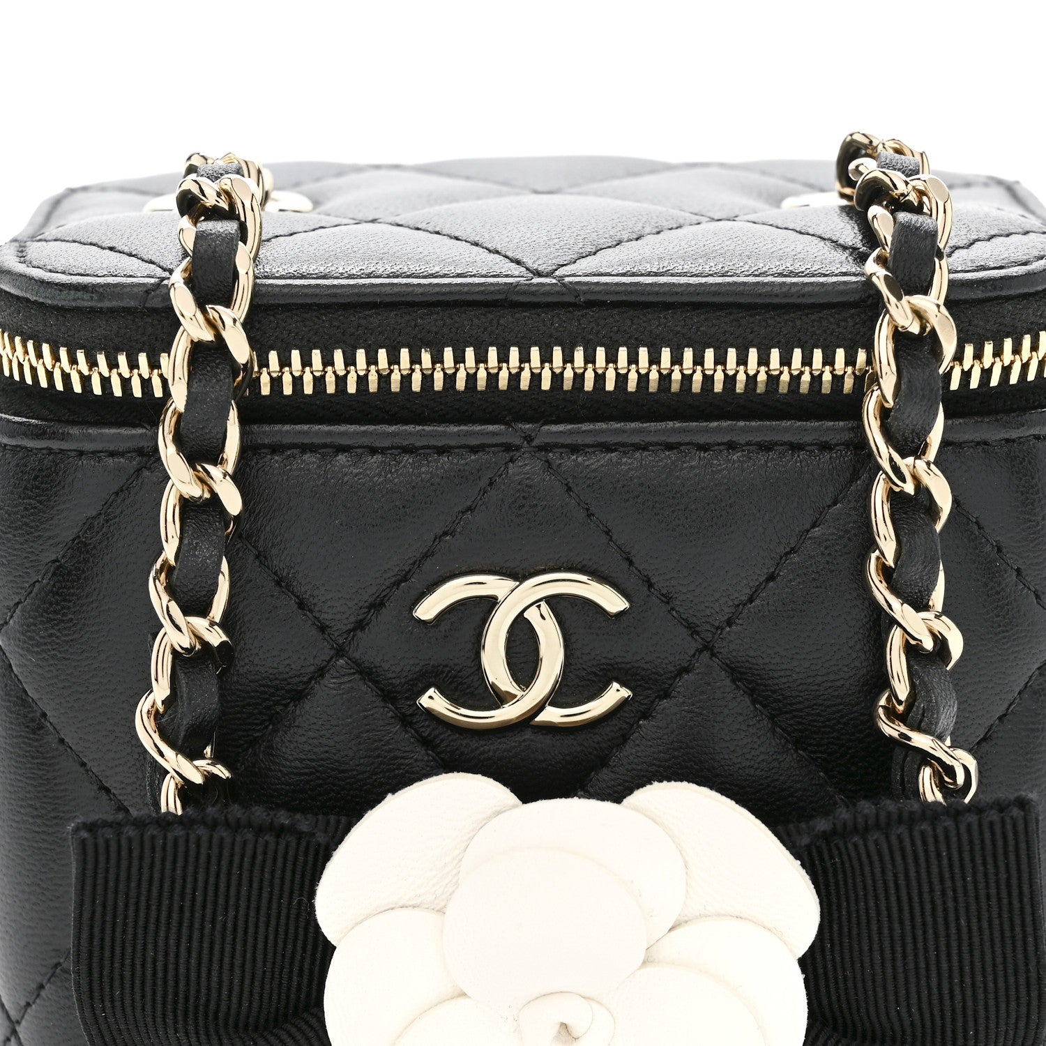 Chanel Lambskin Quilted Mini Camellia Bow Vanity Case With Chain Black