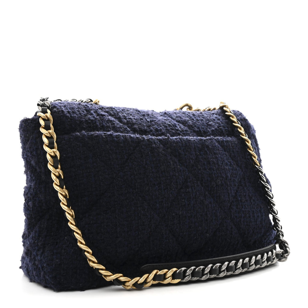 Chanel Tweed Quilted Maxi Chanel 19 Flap Navy