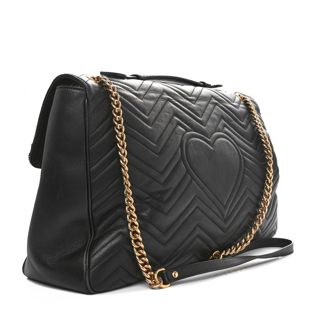 Gucci Calfskin Matelasse Maxi GG Marmont Top Handle Shoulder Bag Black