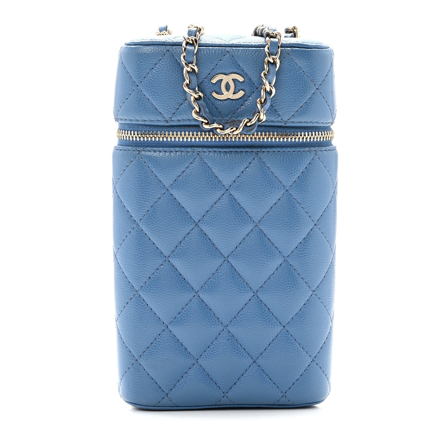 Chanel Caviar Quilted Phone Holder With Chain Blue