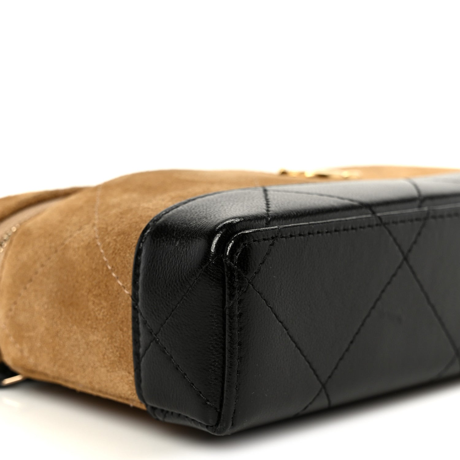 Chanel Suede Calfskin Shiny Lambskin Stitched Top Handle Slim Vanity With Chain Beige Black