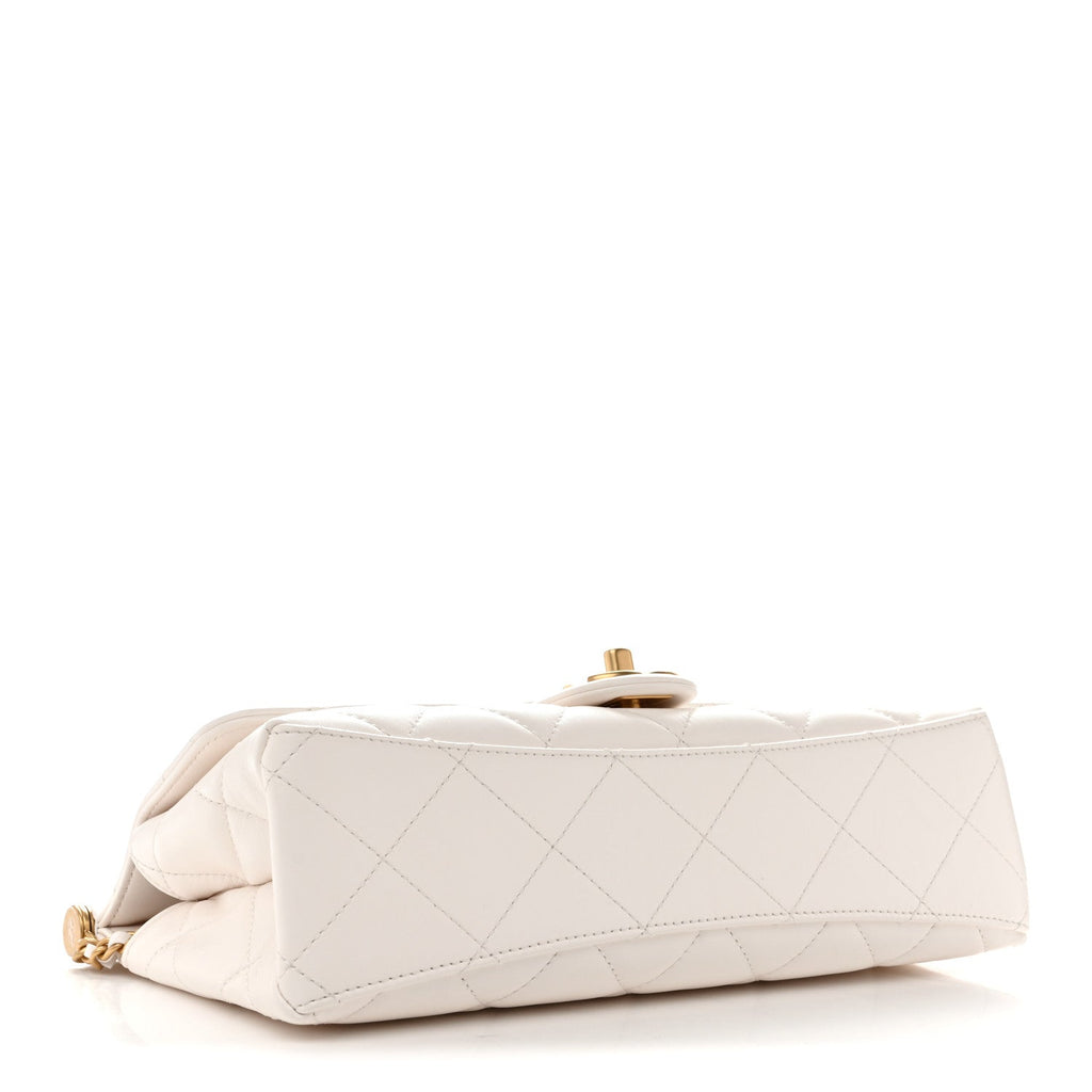 Chanel Shiny Lambskin Pearl Top Handle Flap Shopping Bag White