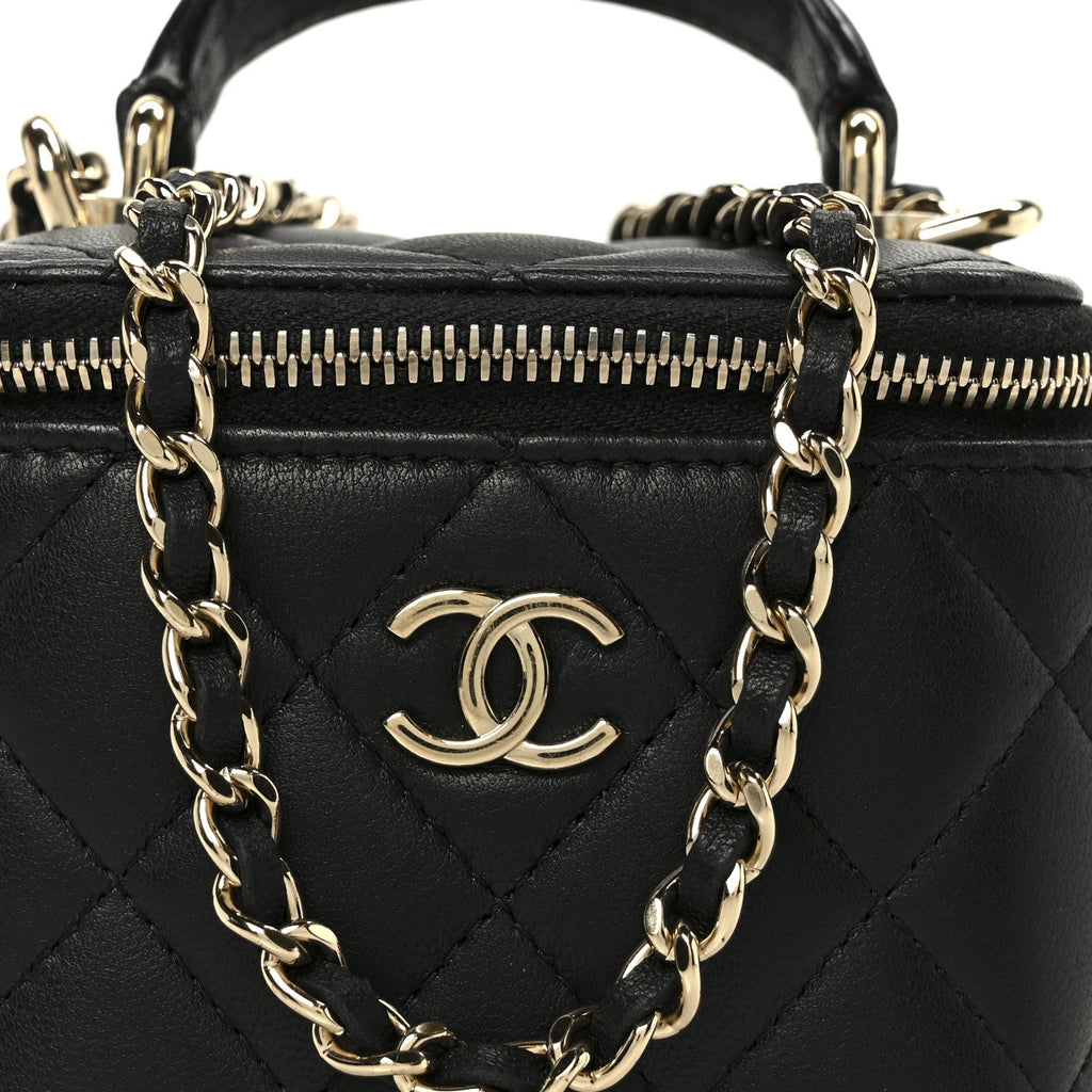 Chanel Lambskin Quilted Top Handle Mini Vanity Case With Chain Black