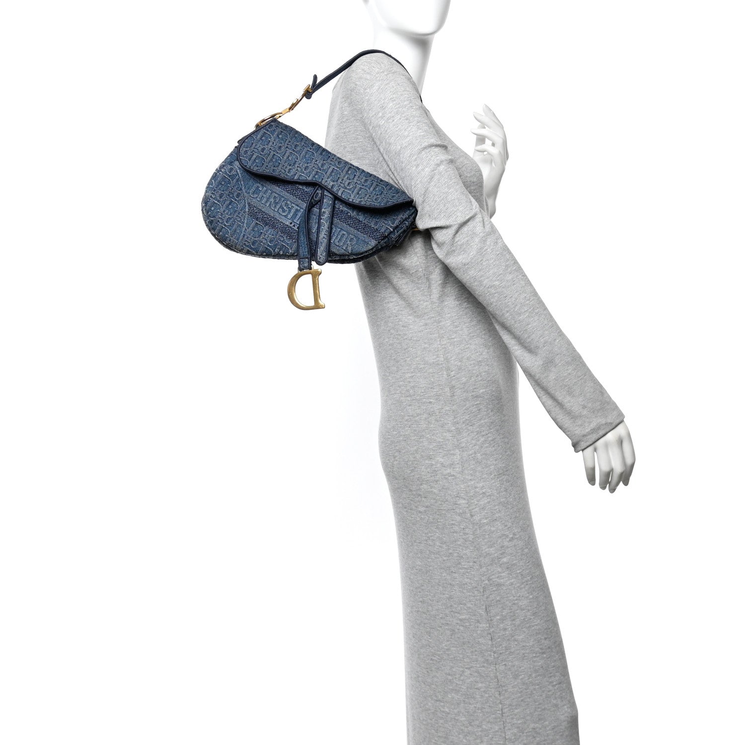 Christian Dior Oblique Embroidered Saddle Bag Denim Blue