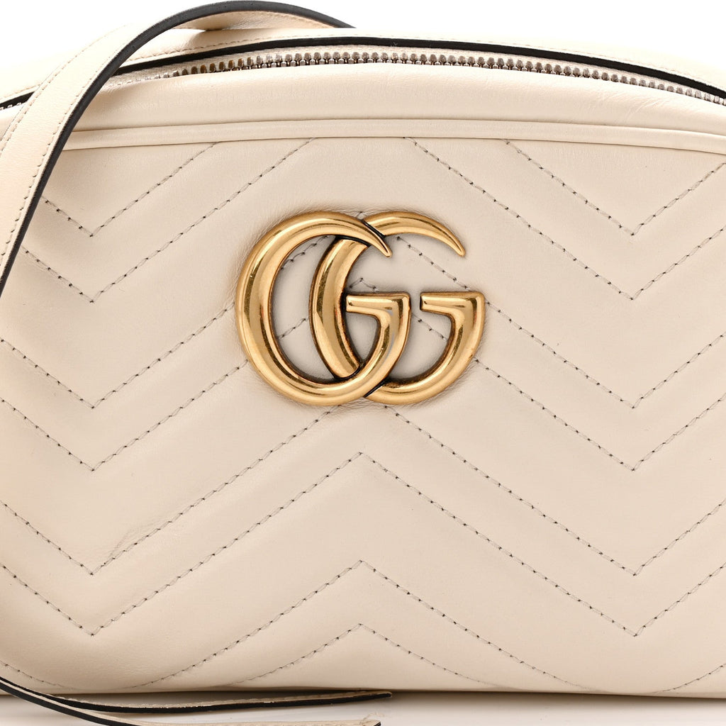 Gucci Calfskin Matelasse Small GG Marmont Chain Shoulder Bag White