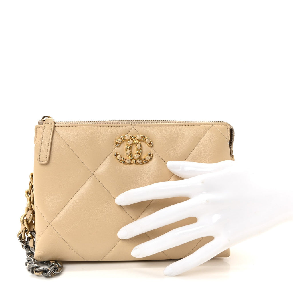 Chanel Shiny Goatskin Quilted Chanel 19 Small Pouch With Handle Beige