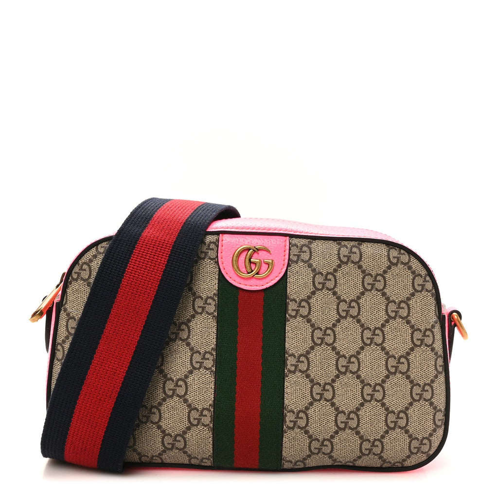 Gucci GG Supreme Monogram Textured Dollar Calfskin Web Ophidia Small Crossbody Bag Beige Ebony Fuchsia